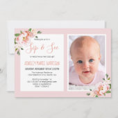 Sip & See Baby Meisje Foto Blush Bloemen Baby show Kaart (Voorkant)