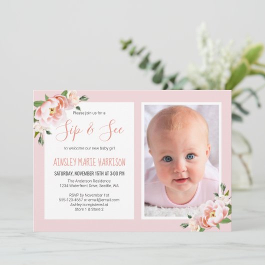 Sip & See Baby Meisje Foto Blush Bloemen Baby show Kaart (Staand voorkant)