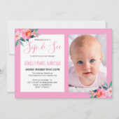 Sip & See Baby Meisje Foto Roze Bloemen Baby showe Kaart (Voorkant)