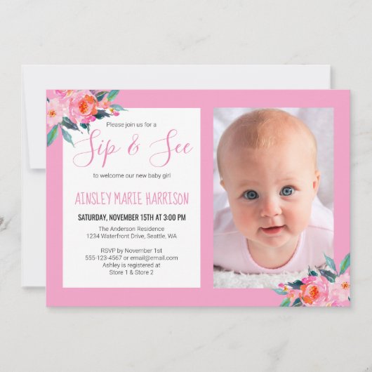 Sip & See Baby Meisje Foto Roze Bloemen Baby showe Kaart (Voorkant)
