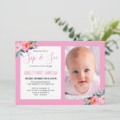 Sip & See Baby Meisje Foto Roze Bloemen Baby showe Kaart (Staand voorkant)