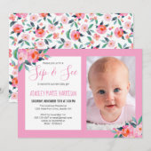 Sip & See Baby Meisje Foto Roze Bloemen Baby showe Kaart (Voorkant / Achterkant)