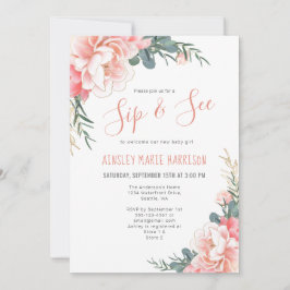 Sip & See Blush Roze Goud Bloemen Meisje Baby show Kaart