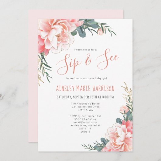 Sip & See Blush Roze Goud Bloemen Meisje Baby show Kaart (Voorkant / Achterkant)