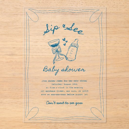 Sip & see boy acryl baby shower uitnodiging (Voorkant)