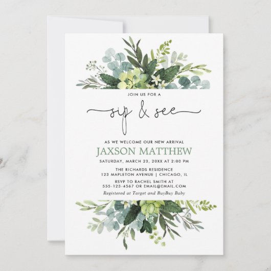 Sip see boy baby shower geslachtsneutrale eucalypt kaart (Voorkant)