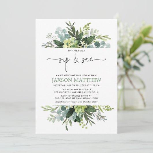 Sip see boy baby shower geslachtsneutrale eucalypt kaart (Staand voorkant)