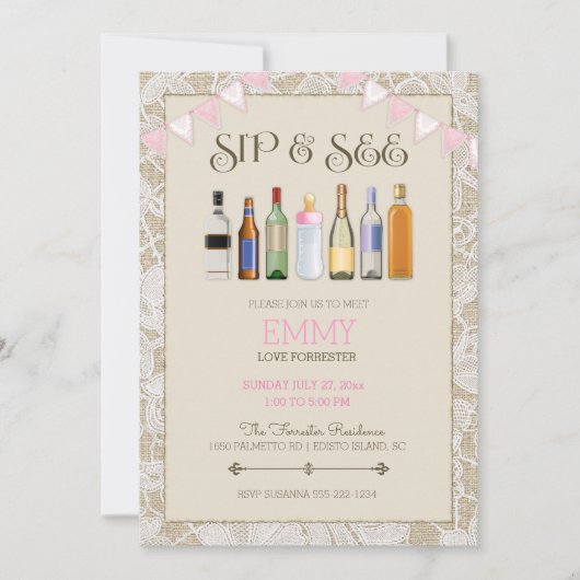 Sip & See Burlap Lace Bottles Roze Meisje Bunting Kaart (Voorkant)