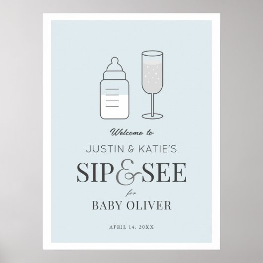 Sip & See Champagne Blue Baby shower Welkom Poster (Voorkant)