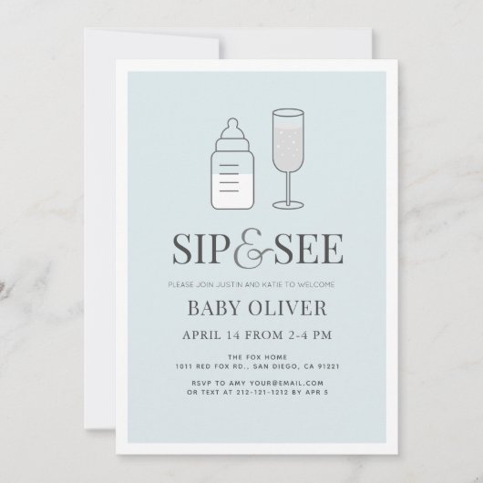Sip & See Champagne Bottle Blue Baby shower Kaart (Voorkant)