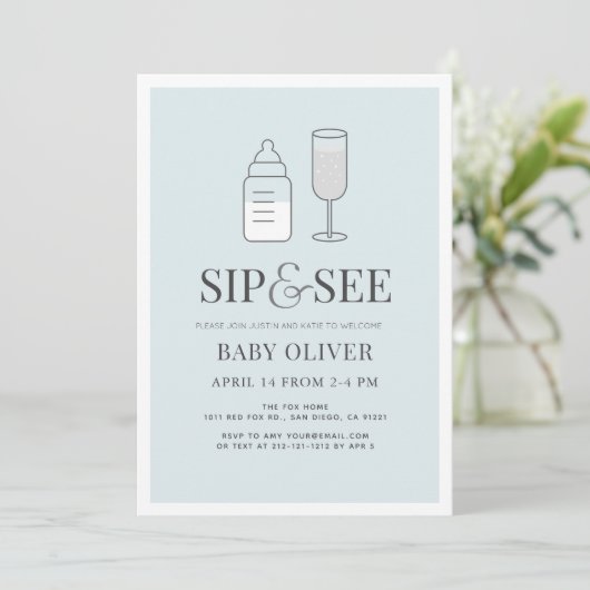 Sip & See Champagne Bottle Blue Baby shower Kaart (Staand voorkant)
