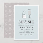 Sip & See Champagne Bottle Blue Baby shower Kaart (Voorkant / Achterkant)