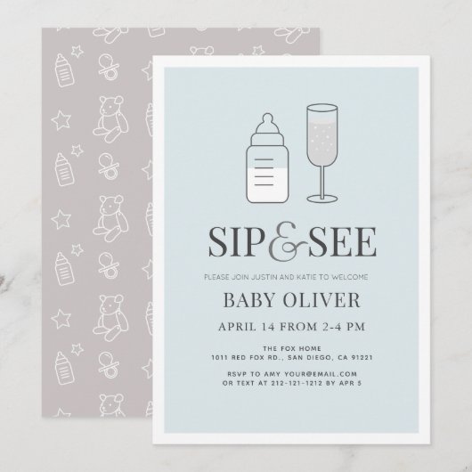 Sip & See Champagne Bottle Blue Baby shower Kaart (Voorkant / Achterkant)