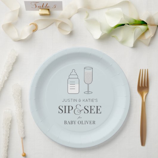 Sip & See Champagne Bottle Blue Baby shower Papieren Bordje (Huwelijk)