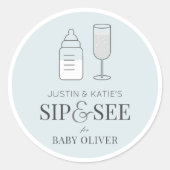 Sip & See Champagne Bottle Blue Baby shower Ronde Sticker (Voorkant)