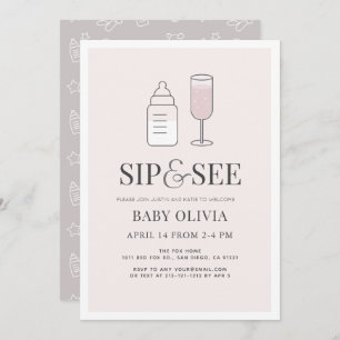 Sip & See Champagne Bottle Pink Baby shower Kaart
