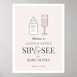 Sip & See Champagne Roze Baby shower Welkom Poster