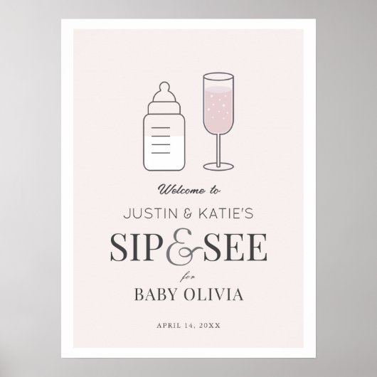 Sip & See Champagne Roze Baby shower Welkom Poster (Voorkant)