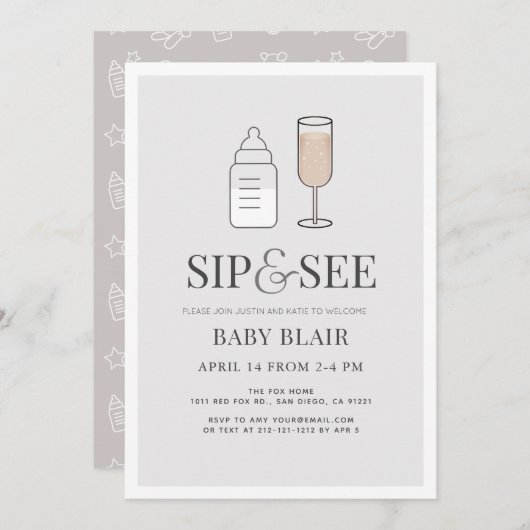 Sip & See Champagnefles Grijs Baby shower Kaart (Voorkant / Achterkant)