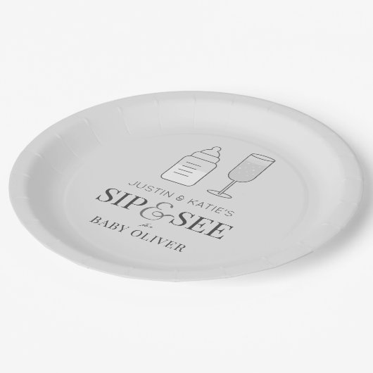 Sip & See Champagnefles Grijs Baby shower Papieren Bordje (Gekanteld)