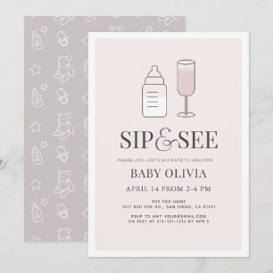 Sip & See Champagnefles Roze Baby shower Kaart