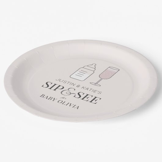 Sip & See Champagnefles Roze Baby shower Papieren Bordje (Gekanteld)