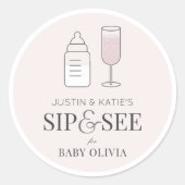 Sip & See Champagnefles Roze Baby shower Ronde Sticker (Voorkant)