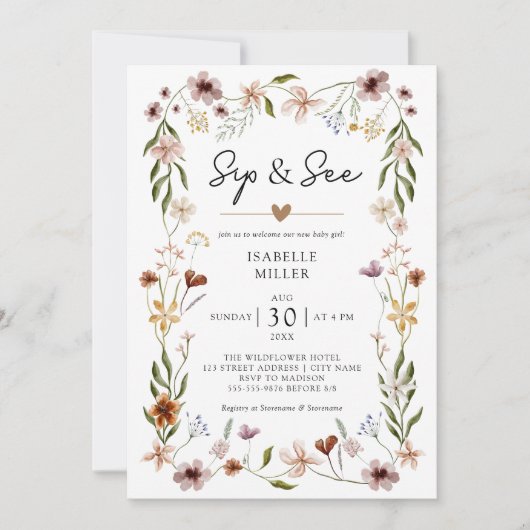 Sip & See Elegant Wildflower Roze Baby Meisje Kaart (Voorkant)