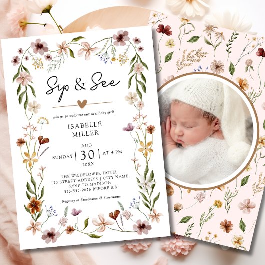 Sip & See Elegant Wildflower Roze Baby Meisje Kaart