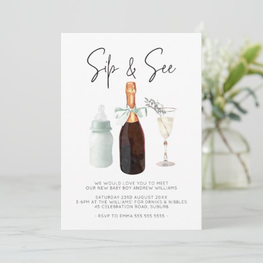 Sip & See Elegante Waterverf Groene Baby Jongen Kaart (Staand voorkant)