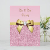 Sip & See Faux roze pailletten Gouden strik Kaart (Staand voorkant)