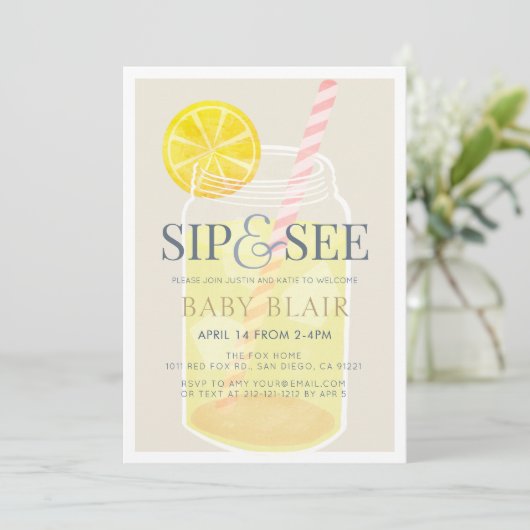Sip & See Lemonade Mason Jar Beige Baby shower Kaart (Staand voorkant)