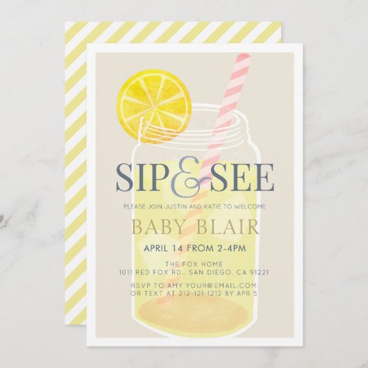 Sip & See Lemonade Mason Jar Beige Baby shower Kaart (Voorkant / Achterkant)