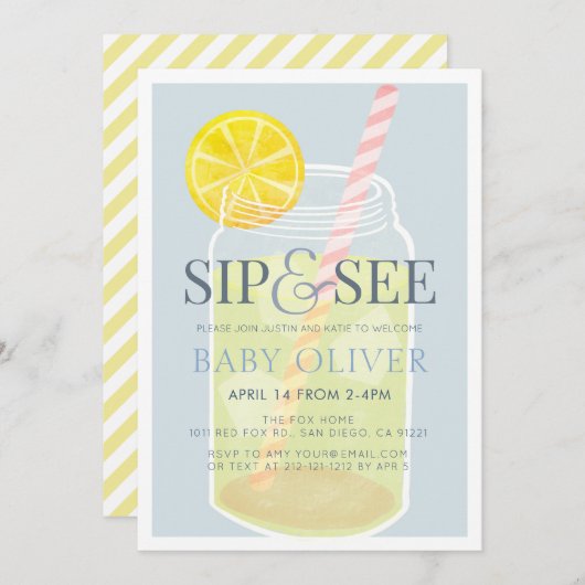 Sip & See Lemonade Mason Jar Blue Baby shower Kaart (Voorkant / Achterkant)