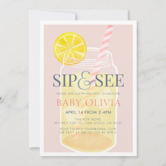 Sip & See Lemonade Mason Jar Pink Baby shower Kaart (Voorkant)