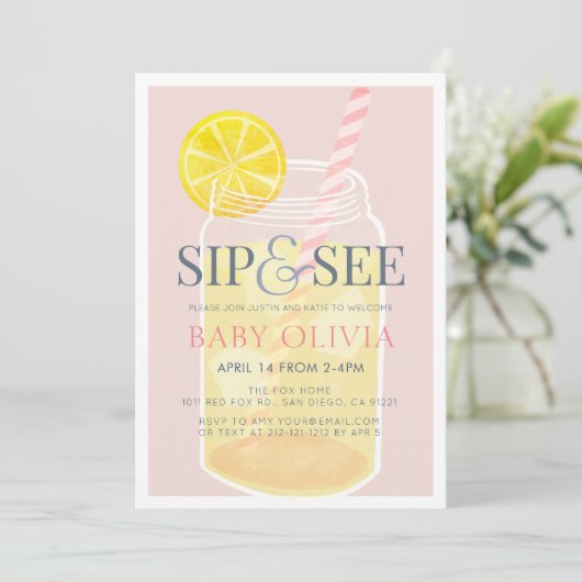 Sip & See Lemonade Mason Jar Pink Baby shower Kaart (Staand voorkant)