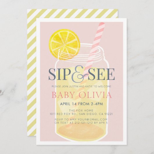 Sip & See Lemonade Mason Jar Pink Baby shower Kaart (Voorkant / Achterkant)