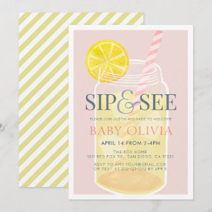 Sip & See limonade Mason Jar Pink Baby shower Kaart