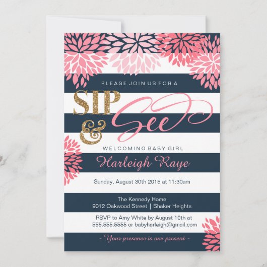 Sip & See Navy blauw en roze glitter Baby shower Kaart (Voorkant)