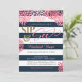 Sip & See Navy blauw en roze glitter Baby shower Kaart (Staand voorkant)