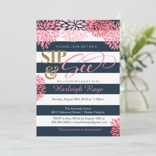 Sip & See Navy blauw en roze glitter Baby shower Kaart (Staand voorkant)