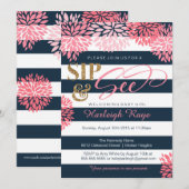 Sip & See Navy blauw en roze glitter Baby shower Kaart (Voorkant / Achterkant)