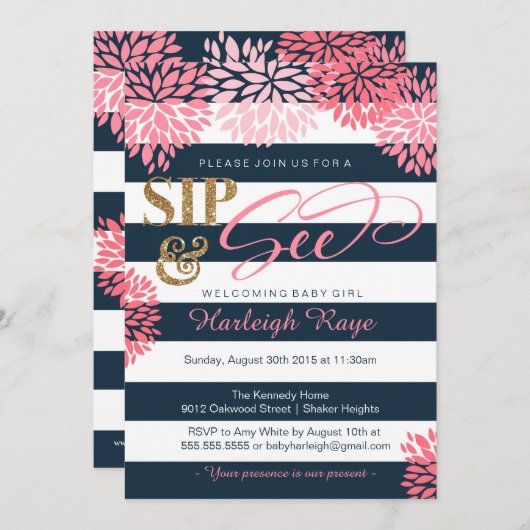 Sip & See Navy blauw en roze glitter Baby shower Kaart (Voorkant / Achterkant)