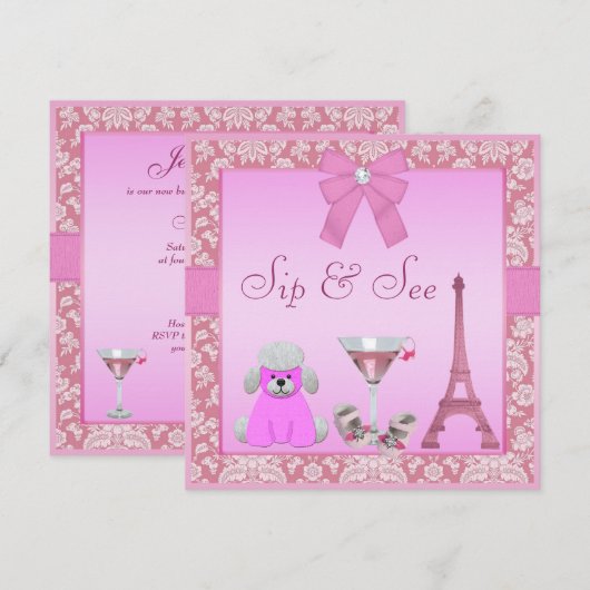 Sip & See Paris Damask roze Baby shower Kaart (Voorkant / Achterkant)