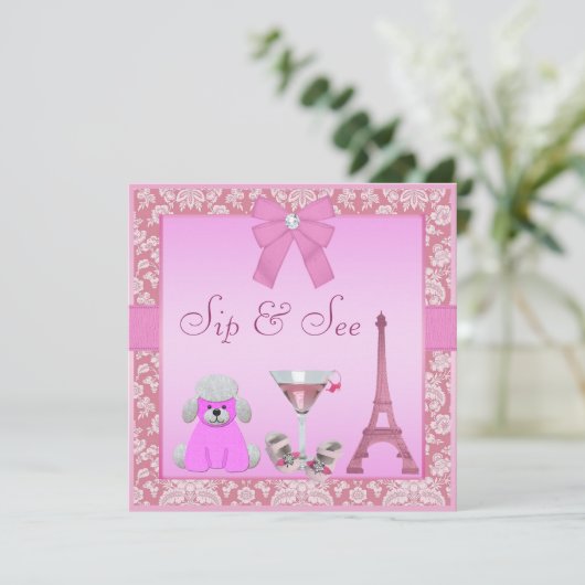 Sip & See Paris Damask roze Baby shower Kaart (Staand voorkant)