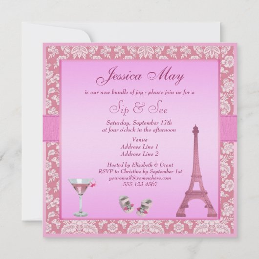 Sip & See Paris Damask roze Baby shower Kaart (Achterkant)