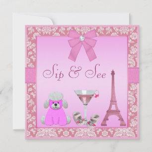 Sip & See Paris Damask roze Baby shower Kaart