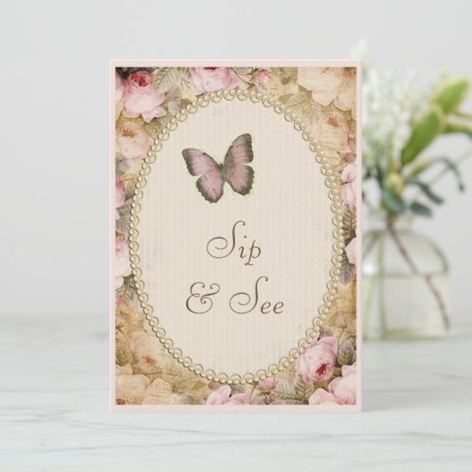 Sip & See Pearls Lace Rozen Butterfly Kaart (Staand voorkant)