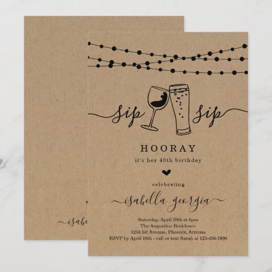 Sip Sip Hooray Birthday Party Kaart (Voorkant / Achterkant)