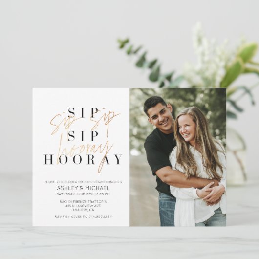 Sip Sip Hooray Black Gold Photo Couple's Shower Kaart (Staand voorkant)